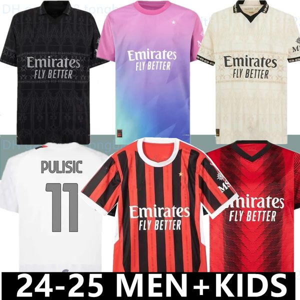 AC 24 25 Maglia Giroud Rafa Leao Pulisic 4. Futbol Jersey Çocuk Kiti 2023 2024 Evde 3. Futbol Gömlekleri Kalsiyo Maillot Tomori Theo Pleasures Dördüncü Siyah Bej 999