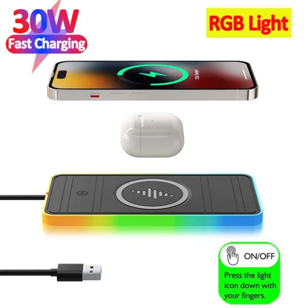 Chargers 30W RGB Light Car Caricatore Wireless Stand Pad per iPhone15 14 13 12 Xiaomi Samsung Huawei Phone cellulare Caring wireless