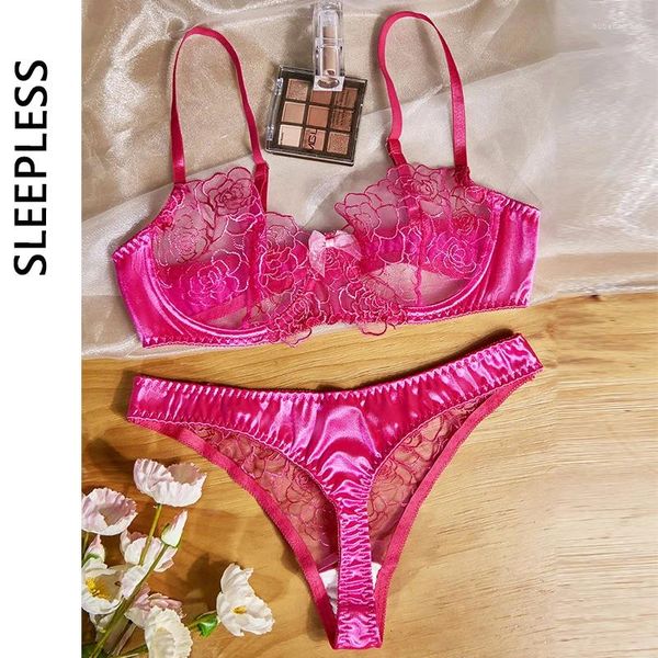 BHs setzt ausgefallene Stickerei Dessous Mesh transparent BH Set sexy Frauen Unterwäsche Rose Rot 2 Stück Bilizna Romantisch intim