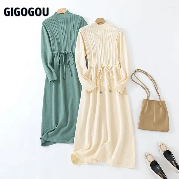 Lässige Kleider Gigogou Elegant Long Strick Frauen Pullover Maxi Kleider Ziehstings Plissee Herbst Winter Warm eine Linie Party Robe ziehen