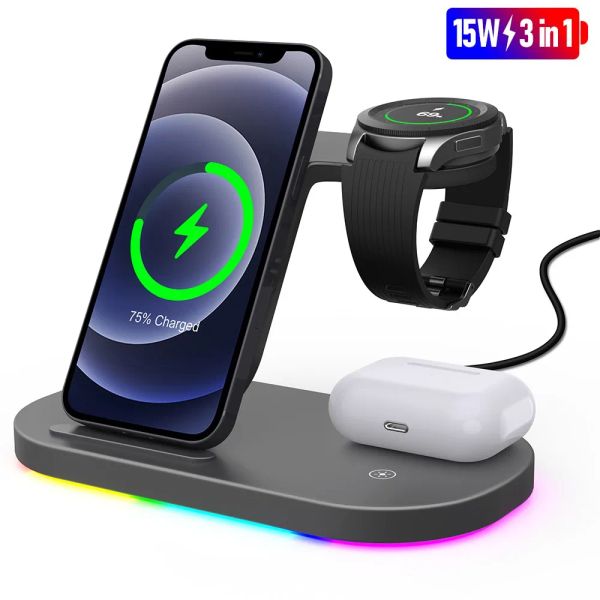 Chargers Hızlı Kablosuz Şarj Cihazı Qi 3 Samsung Galaxy için 1 Kablosuz Şarj Dock İstasyonu İPhone için İzle 12 Xiaomi Huawei AirPods2 için