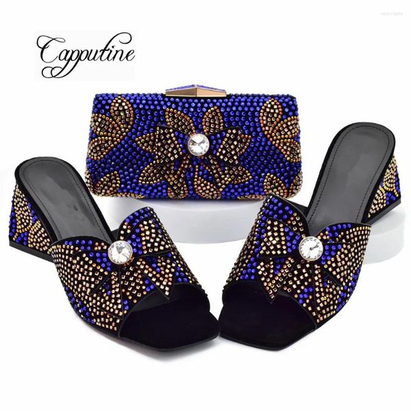 Scarpe eleganti donne blu e sacchetti set di pietre africane Slifori corrispondenti con borse borse per borse da donna con tacchi alti pompe pantoufle femme 938-75