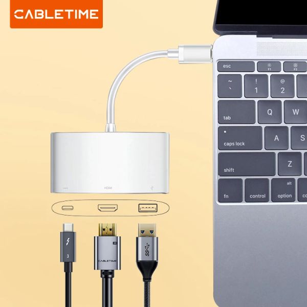 Hubs CableTime USB C Hub para HDMI VGA 4K Tipo C para HDMI USB 3.0 Adaptador USB C conversor para Huawei Matebook X 13 MacBook Pro Air C207