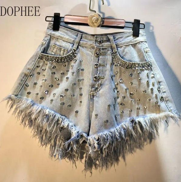 Jeans femminile Europa 2024 Summer Diamonds Luxury Perline Donne Shorts Shorts Shiny Water Trapano tutta la partita High Wiist A-Line Gamba larga