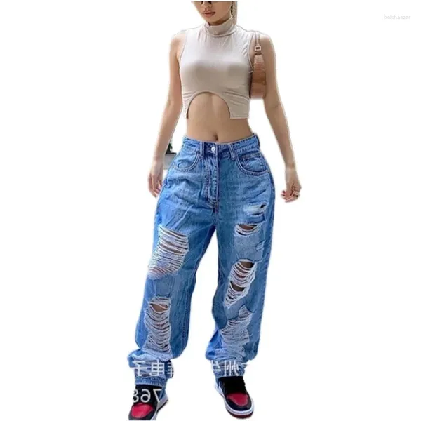 Frauen Jeans 2024 mittlere Taille zerrissener baggy Frauen mit Weitbein Hosen Mutter Blaue Hosen Lose Loch Vintage Streetwear Pantalones Spodnie Damski