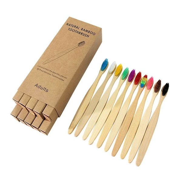 10pcs escova de dentes de dentes de dentes eco-íris de bambu de fibra macia de fibra de dentes de dentes biodegradáveis ​​pincel de bambu sólido