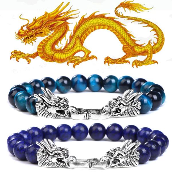 Strands Fengshui Dragon Charm Braccialetti per donne uomini Bracciale in pietra naturale 8mm perline lapis lazuli tigre eye lava braccialetti buona fortuna