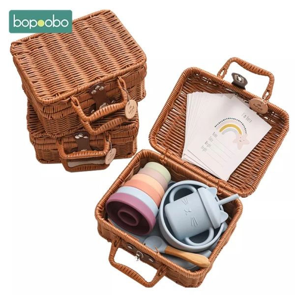 Tees Bopoobo Baby Feeding Tableware Box Set Gifts Gifts Baby Silicone Rainbow Stacker Toy Set Set Baby Birth Vintage Box Presentes