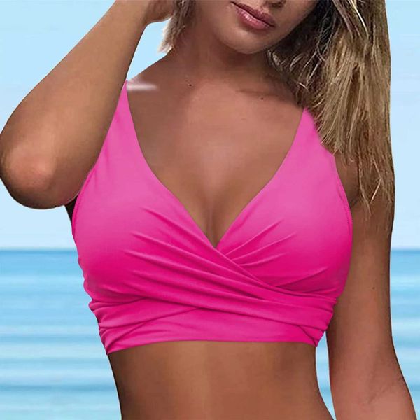 Swim Wear Women Push Up Bikini Top Sexy Solid Ruched Crisscross Back Strappy Summer Summer Afutes Swim Swim Crop top