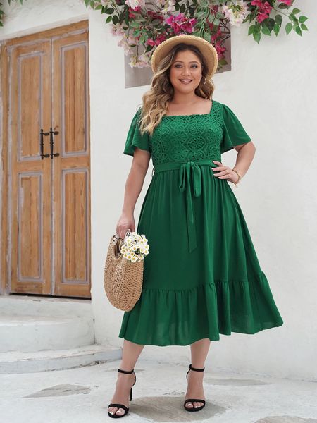 Kurzarm -Kleid Kleider Plus Größe Elegante Dame High Taille Outfits Plissee dunkelgrüne Rüschen Solid Midi Abendparty 240417