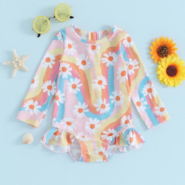 Mädchenkleider Beqeuewll Kinder Mädchen Ausschlag für Ausschlag Wache Badeanzug Langarm Daisy Print Kleinkind Rüschen Badeanzug Badeanzug Badebekleidung