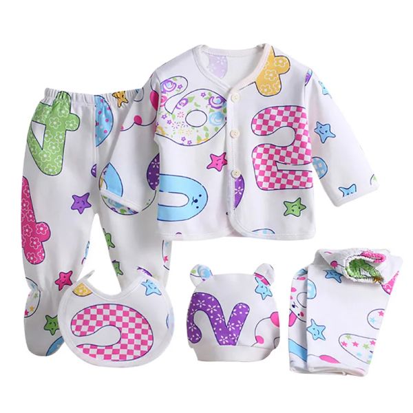 Set 5 pezzi Neonati neonati Bambino Girl Abiti da cartone animato Spring Cartoon Pajamas Sleep abbigliamento Set di vestiti bianche