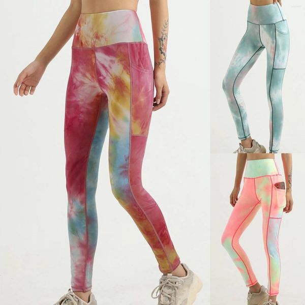 Leggings femminile pelle che tocca la tasca nuda tasca alta fitness tinte tintura hip sollevare pantaloni da yoga al verde acqua per ragazze