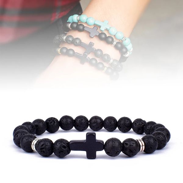 Strands Charm Natural Stone Cross Bracciale Fede Nera Matte Matte perline Lucky Braccialetti uomini fatti a mano Donne Preghiera Fitness Coppia di gioielli regalo