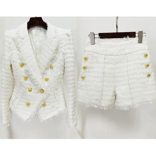 Jamerary Basted Jackets White Jackets Suits Coats Women Tweed Sets Button Golden Tassels Blazer Wide Leg Curta calça 240417