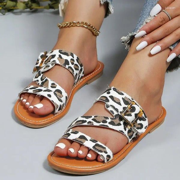 Slippers Women Leopard Flats Sandals Summer Summer Beach Shoes Dress Flip Flip Flip Trend Slingback Slides 2024