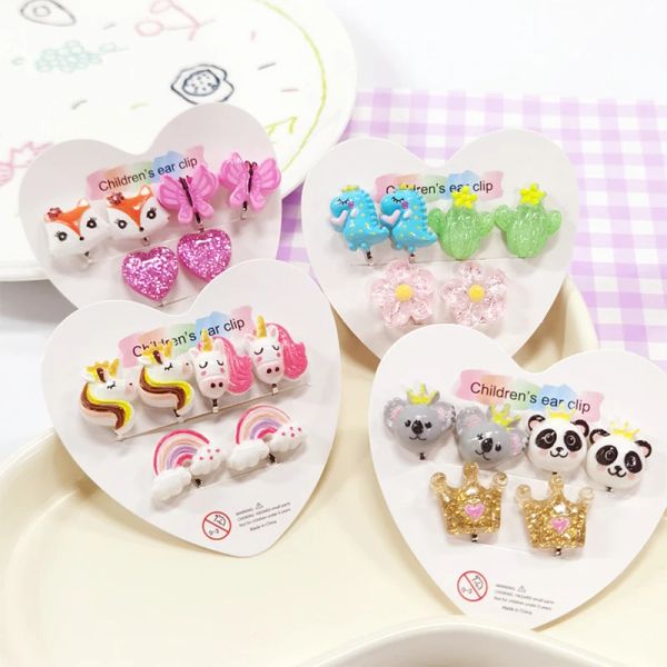 Brincos Presente de Natal para Crianças Non Piercing Girls Brincos 5prs Mistos Mistos Unicorn Panda Cat Clip On Beiring