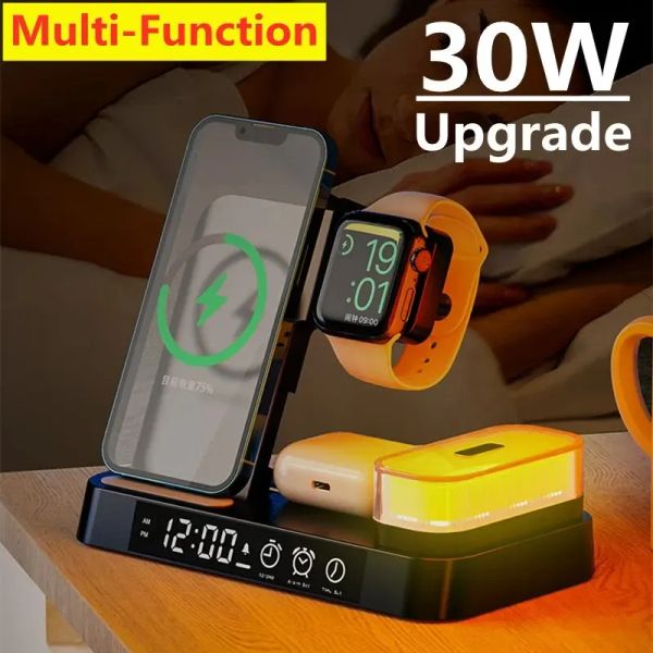 Chargers 30W 3 in 1 Wireless Caricatore Pad Armeggio Clock Night Light Caring Station Dock per iPhone Samsung Galaxy Watch iWatch