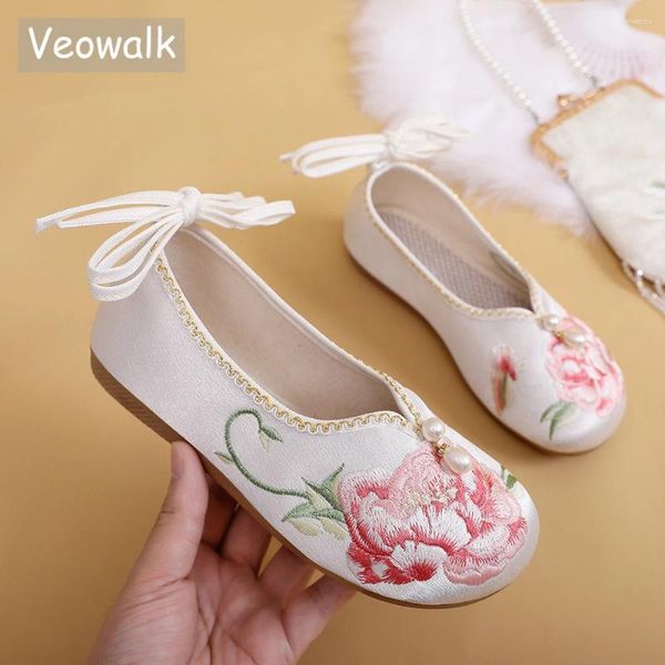 Sapatos casuais veowalk confortável jacquard algodão feminino floral bordado bordado apartamentos com tira de estilo chinês vintage