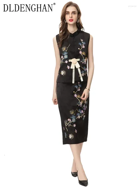 Vestidos de trabalho Dldenghan Moda Vermum estilo chinês Terno feminino Apliques de colarinho de colarinho de colete