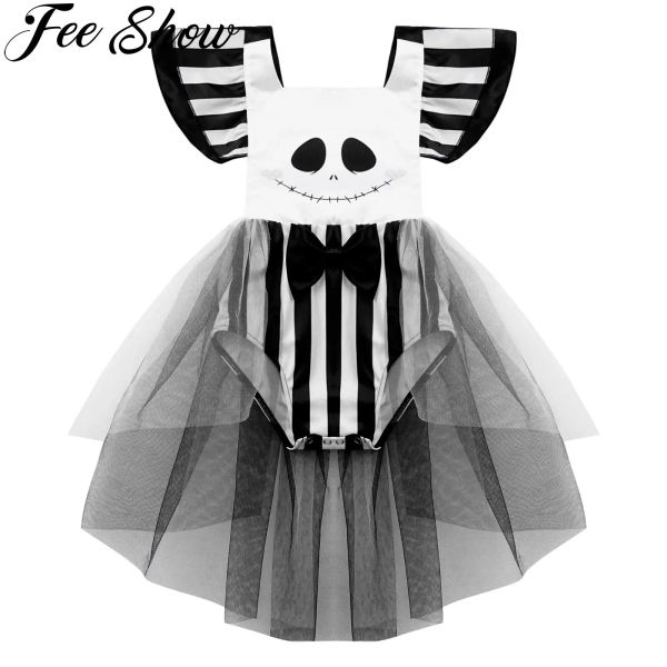 Einszene Säuglingsmädchen Ghost Kostüm Flutter Ärmel Schädel Gesicht gedrucktes Mesh Strampler Kleid für Halloween Party Cosplay Party Kleidung