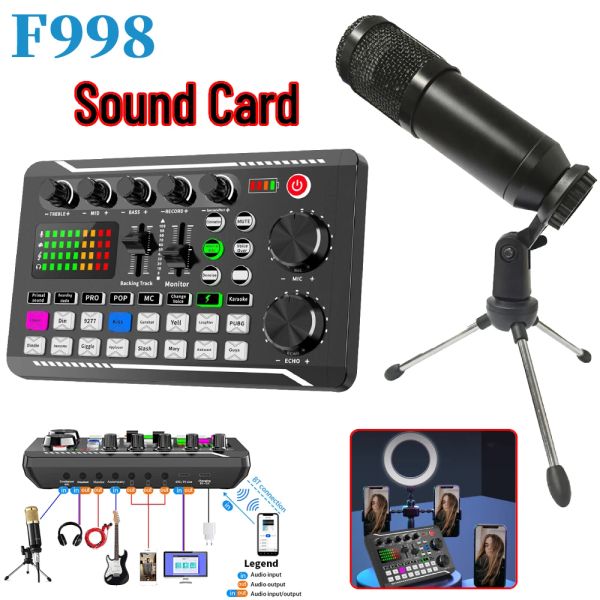 Ausrüstung F998 Soundkarte Professionell Bluetooth Compatible Studio Record Sound Card Kit mit Kabelphone Computer Live -Audio -Mixer
