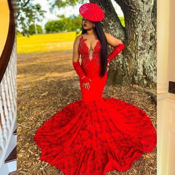 Abito da ballo di sirena rossa sexy per ragazze nere africane v cristalli di collo in perline abiti da festa formali Vestidos de gala