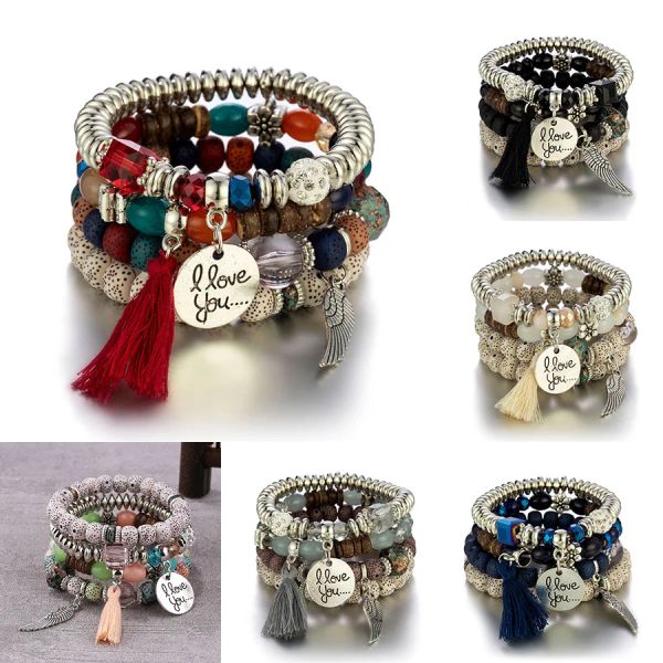 Strands 4pcs Boho Stone Breads Chain Bracelet Set para mulheres Eu te amo letra de penas de penas de charme de charme de garotas jóias da moda