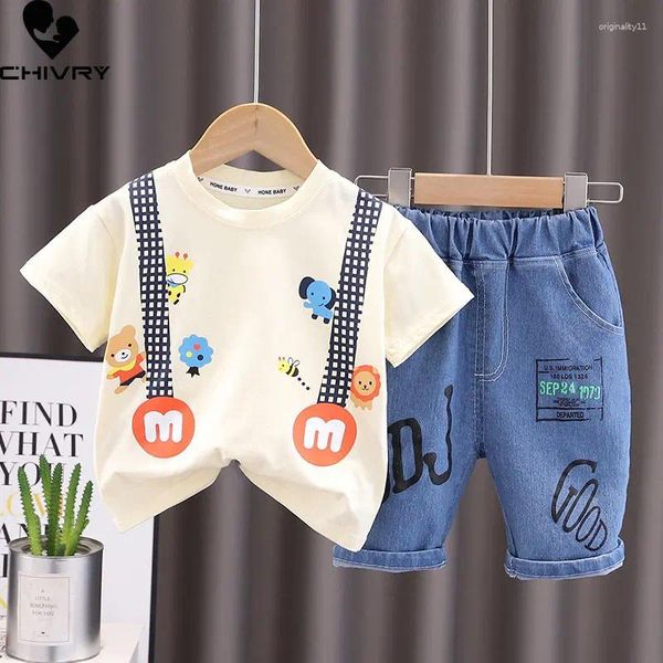 Roupas conjuntos de roupas meninos terno de verão menino menino de manga curta o jarroto de cartum t-shirt tops com letra shorts jeans de roupas infantis