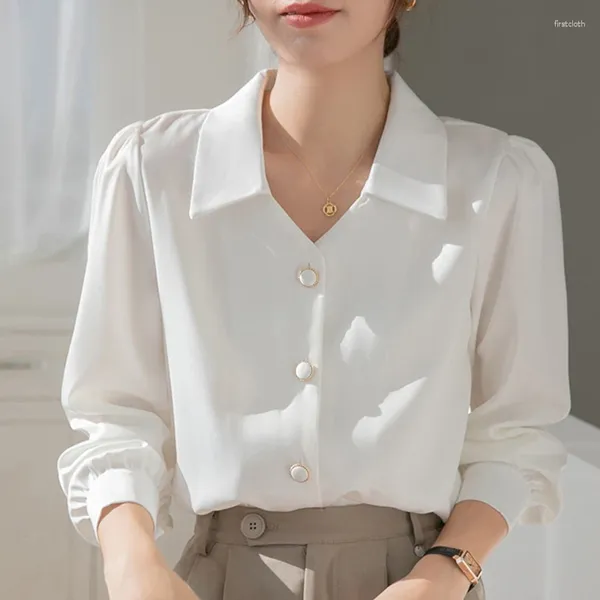 Frauenblusen White Satin Button Up Shirt Frauen 2024 Frühlingsmode Langarm Turndown Collar Frau Elegant Chic French Business Top