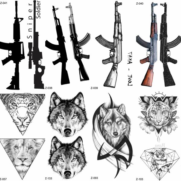 Machine Yuran Black Rifle Gun Tattoo Tattoo Adesivos Mulheres Sniper Tatoo à prova d'água Ak Akm M4 Soldier Men Wrist Fake Tattoo Wolf Totem