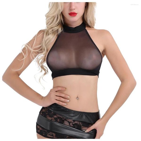 Bras Setler Kadınlar Siyah Boyun Asma Perspektif Sefer Mesh See-Through Kısa Kollu Mahsul Tepeler Sıradan Tişört Ropa İç