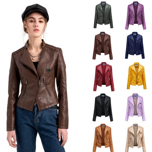 Original Designerjacke schlanker Faux Leder Jacke Ladies Classic Motorcycle PU Lederjacke Spring Fall Basic Pilot Reißverschluss Jacke