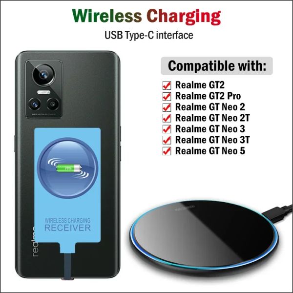 Carregamento sem fio da Chargers qi para Realme GT neo 5 3 3t 2 2t GT5 GT2 Pro Cangueiro sem fio Pad com adaptadores de receptor USB TypeC