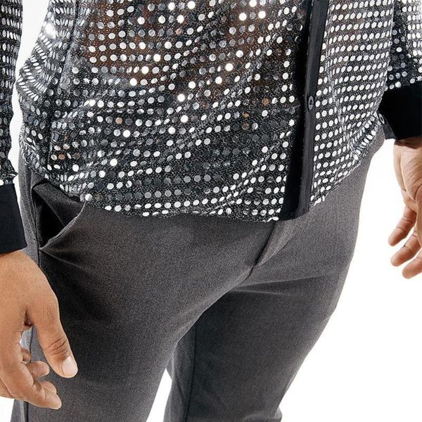 Camicia con paillettes di abbigliamento etnico per uomini per ogni giorno 1 sequestro di mesh in mesh nera maschio comodo nightclub Golden Spring Silver