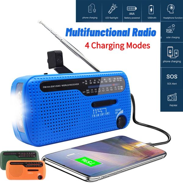Rádio solar manivela de mão Rádio AM/FM/SW 1200mAh Handheld AA Rádio meteorológico alimentado por bateria