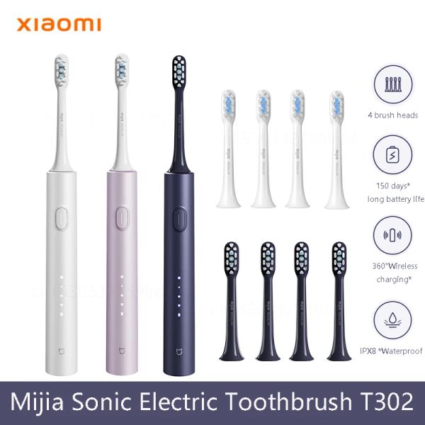 Köpfe Xiaomi Mijia Sonic Electric Zahnbürste T302 3Colors 4 Pinselköpfe IPX8 Water Proof 360 ° drahtloses Laden 4 Modi Reinigen Zähne