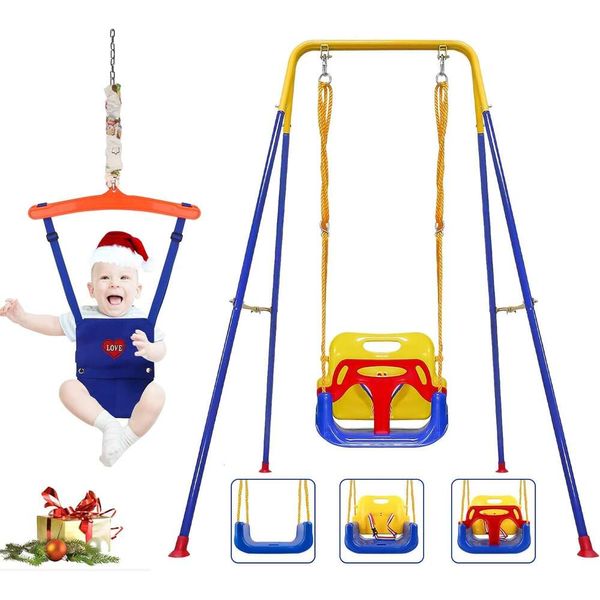 3 em 1 Criança de sede de giro e saltador de bebê Bouncer Swing com seguranças para jogo ao ar livre em interior-assento de segurança robusta e suporte de balanço de metal dobrável