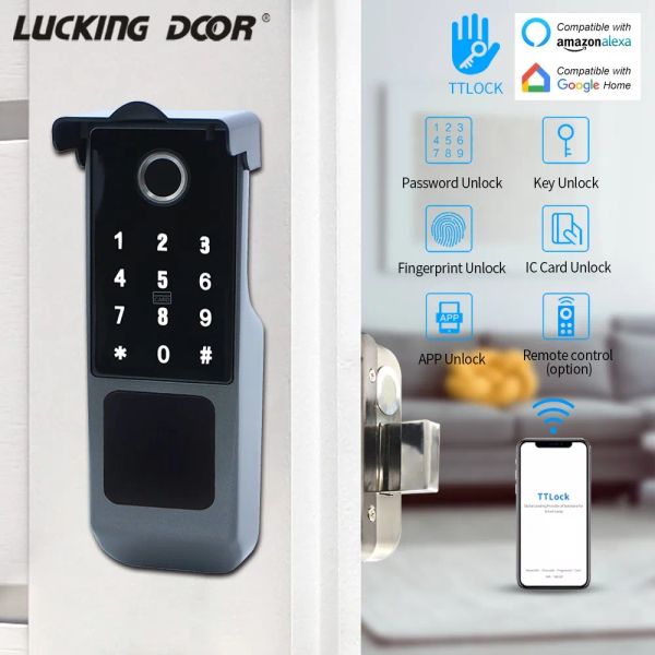 Controle impermeável ttlock smart bluetooth impressão digital aro bloqueio cartão IC Lock eletrônico bloqueio de porta inteligente trabalha com o google Alexa eco