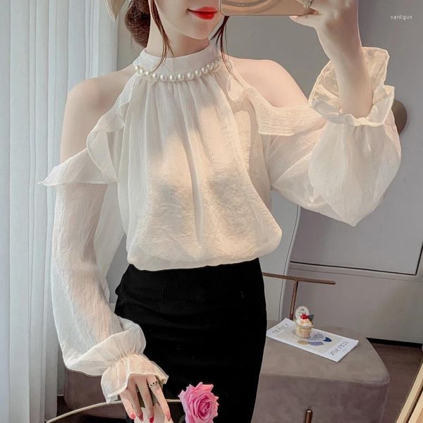 Frauenblusen Frühling Herbst 2024 Flare Langarm Chiffon Bluse Frauen sexy Off Schulterhemd süßes Perlen Rüschen Top