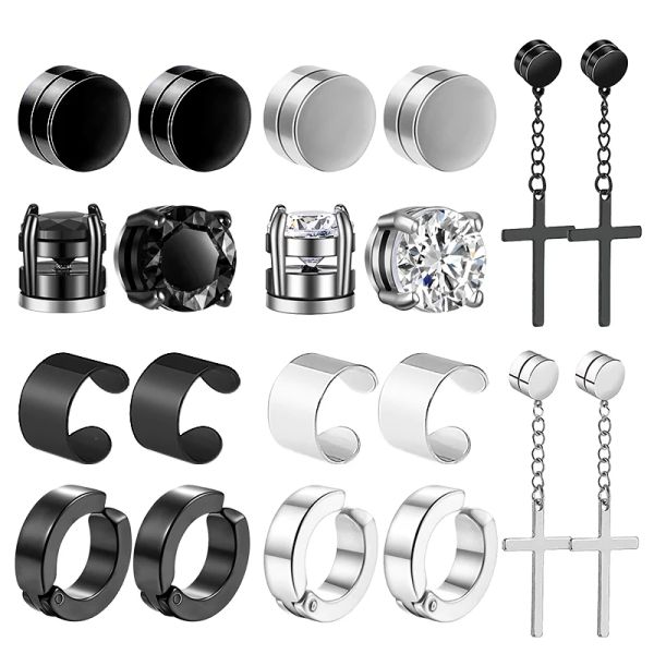 Brincos 1 pares de brincos de clipe magnético Brincos de aço inoxidável para homens para homens Moman Black CZ Magnet Nonpiercing Brincho