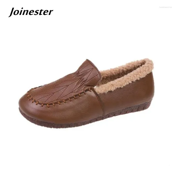 Lässige Schuhe Frauen Winter PU Leder Fleece Gefüttertes Ladungen Damen auf Wohnungen Retro reine Farbe warmer Komfort Moccasins für Mama