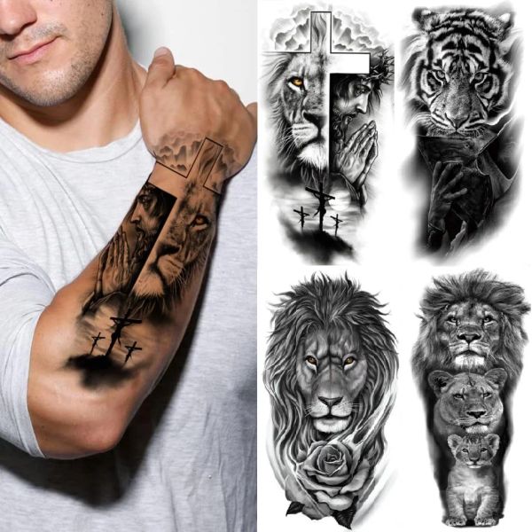 Татуировки Водонепроницаемые временные татуировки леса Львия Tiger Bear Flash Tattoos Женщины леопардовые волки корона боди арт рука подделка татуировки мужчин