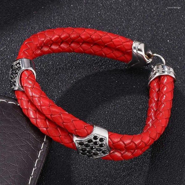 Charm Bilezikler Unisex Mücevher Kırmızı Çift Halat Örgülü Deri Bileklik Kadınlar İçin Zirkonlu Erkekler Paslanmaz Çelik Basit FR0203