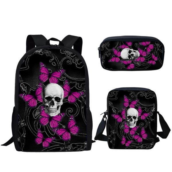 Bolsas Belidome Bolsas de Escola Casual Skull Print Floral Print 3pcs Mochila para meninos adolescentes Meninas de viagem Aluno de bolsa escolar de volta à escola