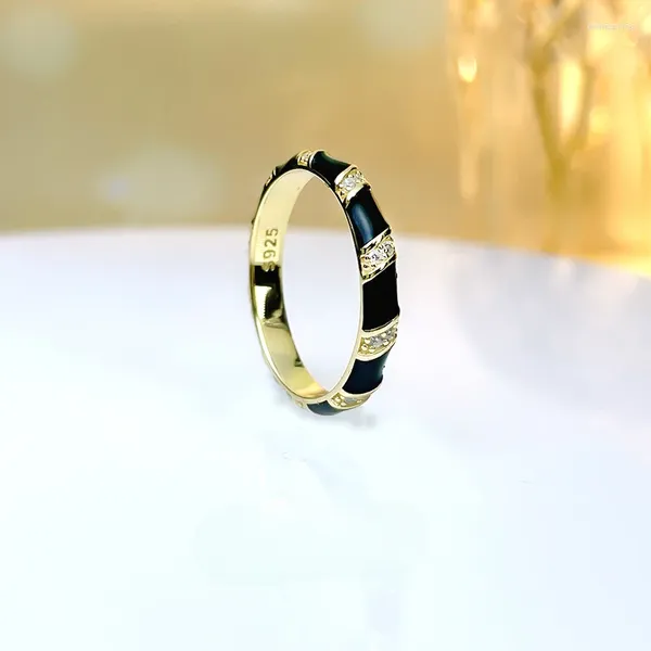 Anelli a grappolo leggero smalto di lusso glassa glassa semplice anello nero a strati 925 set d'argento con diamanti ad alto carbone versatile retrò