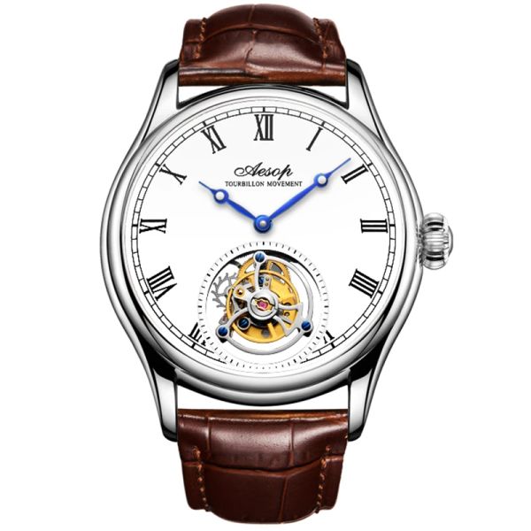 KITS AESOP 7021 Man Tourbillon Skeleton Watch Mechanical Manual Winding Owatch Sapphire Waterproof Leather Band Watch