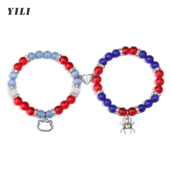 Bileklik 2pcs/Set Örümcek Kitty Charm Bilezikler Kalp Çiftler için Kristal Boncuklu Bilezik Cadılar Bayramı Takı