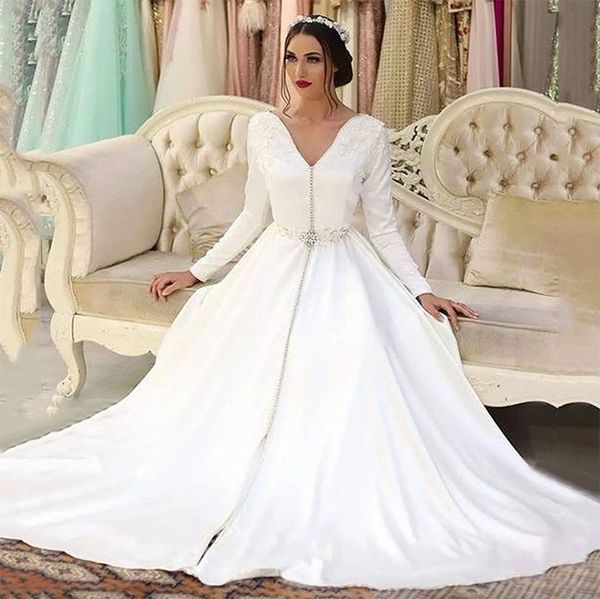 Satin Caftan weiße Marokka Langarm Applikationen Button Islamic Dubai Saudi Arabisch Abend Abaya Prom Kleid