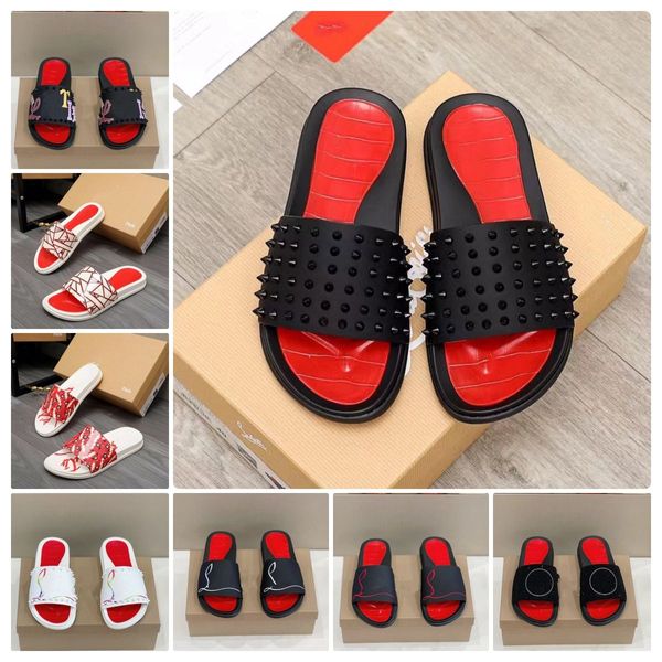 Красные днищики Мужские дизайнерские тапочки сандалии классические шипы плоские шипы скользит сандал с толстой резиновой подошвой тапочкой скольз